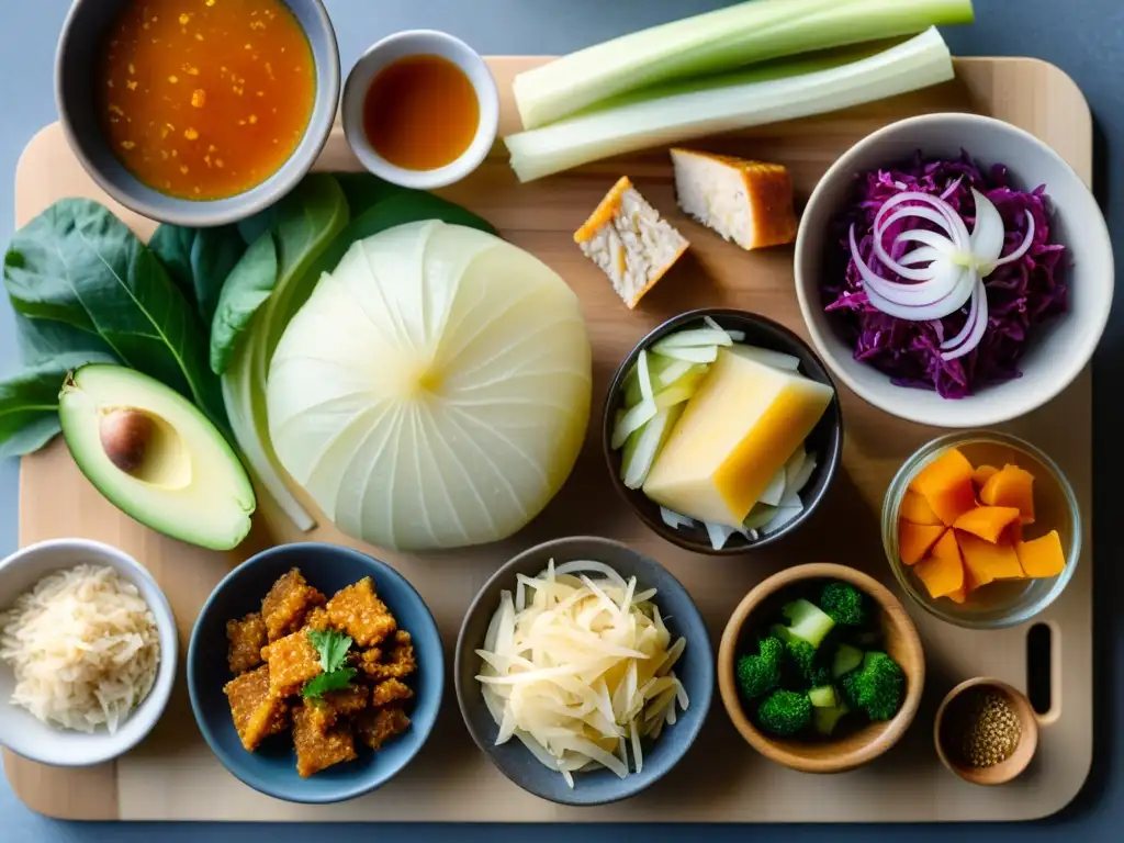 Una variedad de alimentos fermentados orgánicos en un tablero de madera, resaltando colores y texturas