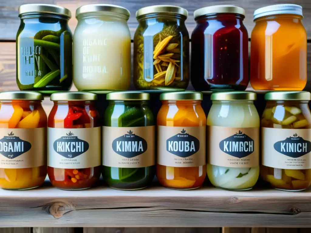 Una variedad de alimentos fermentados orgánicos como kimchi, kombucha, sauerkraut y miso, destacando su belleza natural