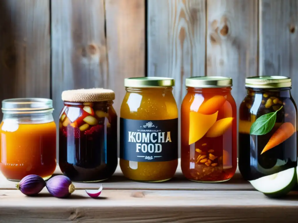 Una variedad de alimentos fermentados orgánicos en una mesa rústica, resaltando colores y texturas