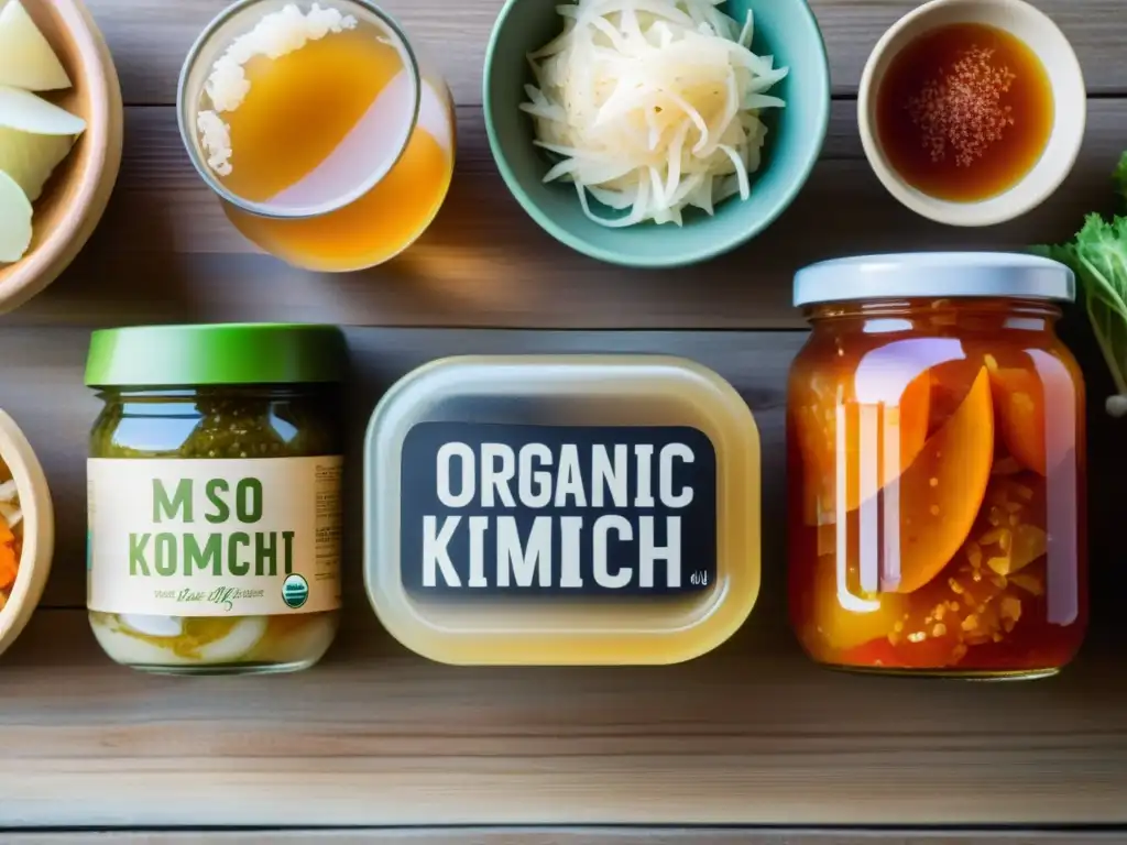 Una variedad de alimentos orgánicos fermentados, como kimchi, sauerkraut, miso y kombucha, en una mesa de madera