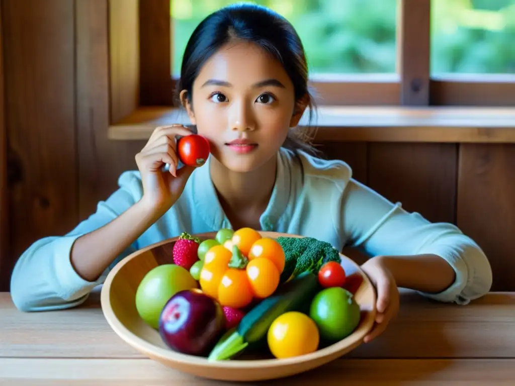 Niño disfrutando de una variedad de frutas y verduras orgánicas, mostrando los beneficios de la comida orgánica en la infancia