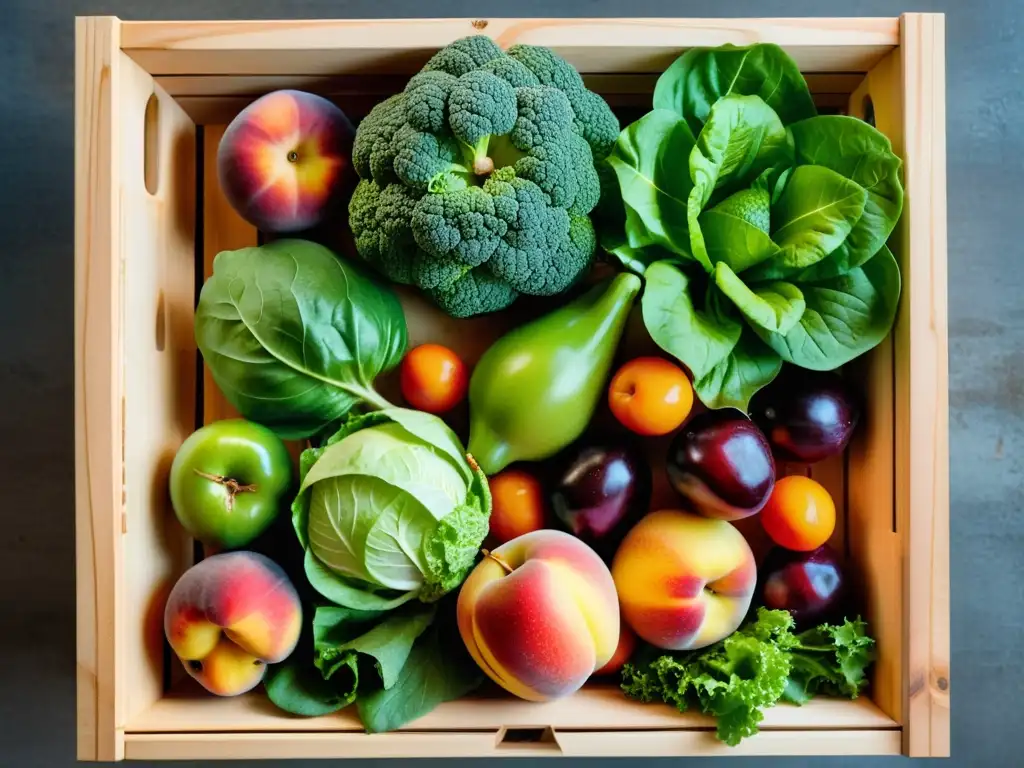 Una variedad de frutas y verduras orgánicas en una caja de madera rústica, destacando la belleza natural y diversidad de los productos orgánicos