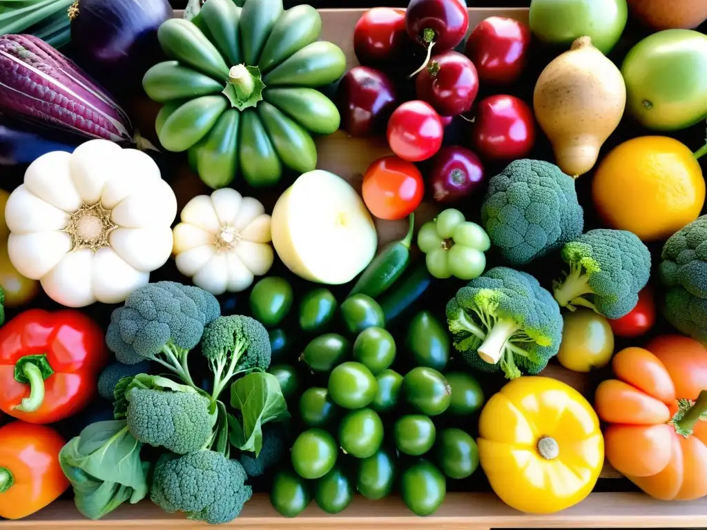 Una variedad de frutas y verduras orgánicas frescas y vibrantes en un puesto de mercado