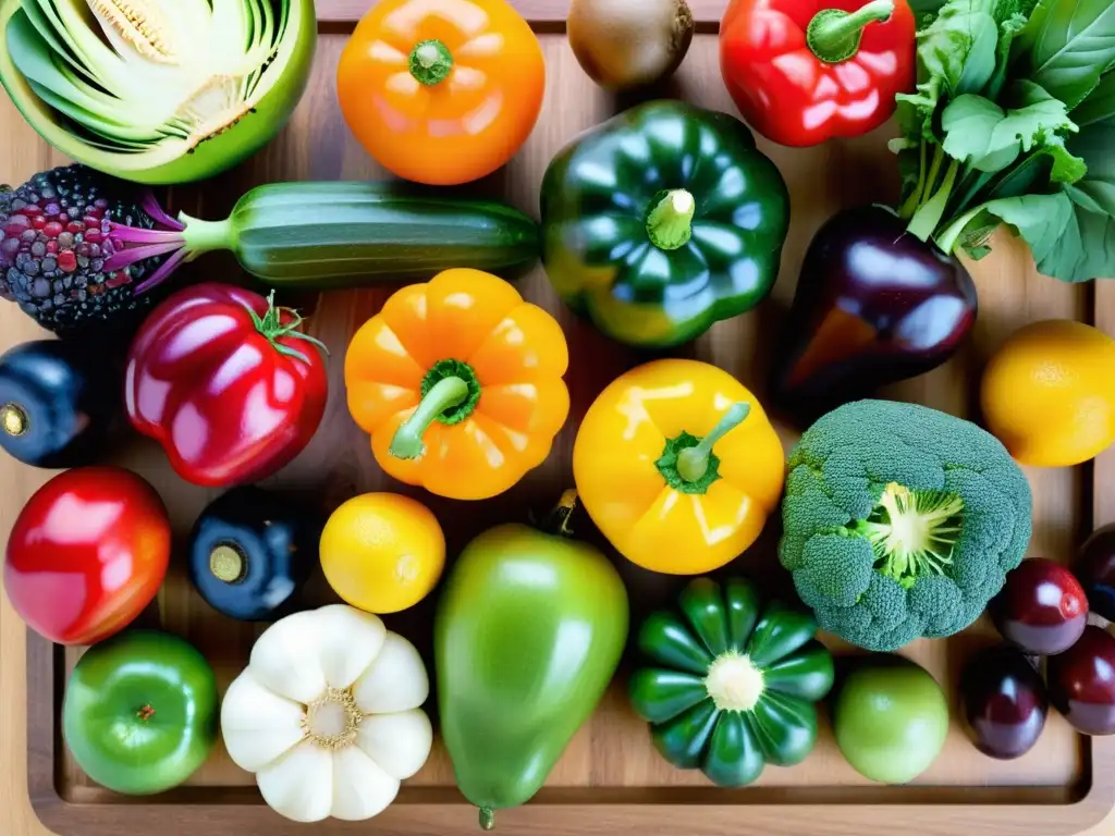 Variedad de frutas y verduras orgánicas, coloridas y frescas, en tabla de madera