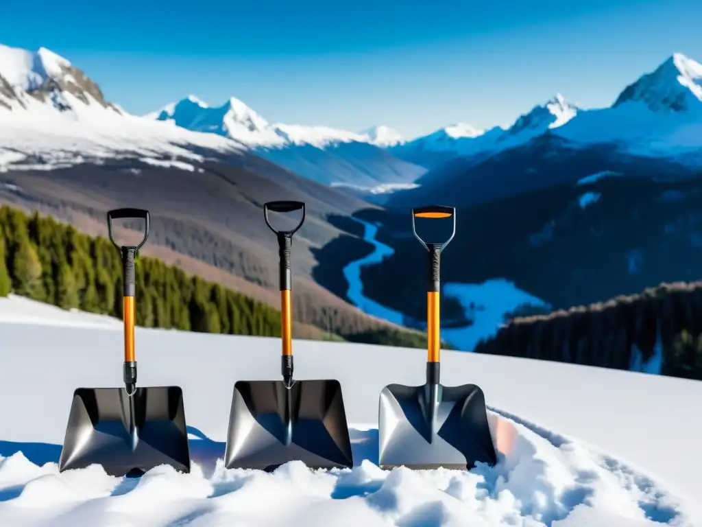 Una variedad de palas plegables para nieve exhibidas frente a un majestuoso paisaje nevado