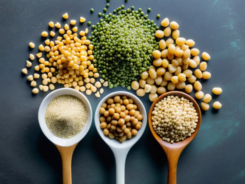 Variedad de proteínas vegetales orgánicas para fitness, como quinoa, lentejas, garbanzos y semillas de cáñamo, en una composición vibrante y apetitosa