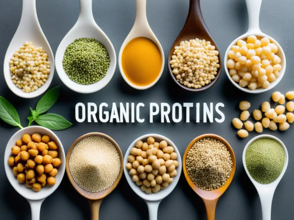 Variedad de proteínas vegetales orgánicas para fitness como quinoa, lentejas, garbanzos y semillas de cáñamo en una presentación vibrante y ordenada, reflejando vitalidad y conciencia ecológica