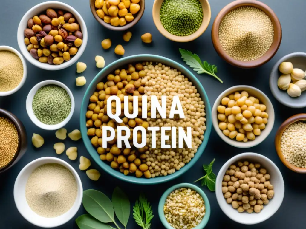 Una variedad vibrante de proteínas vegetales orgánicas para fitness, incluyendo quinoa, lentejas, garbanzos, semillas de cáñamo, nueces y semillas