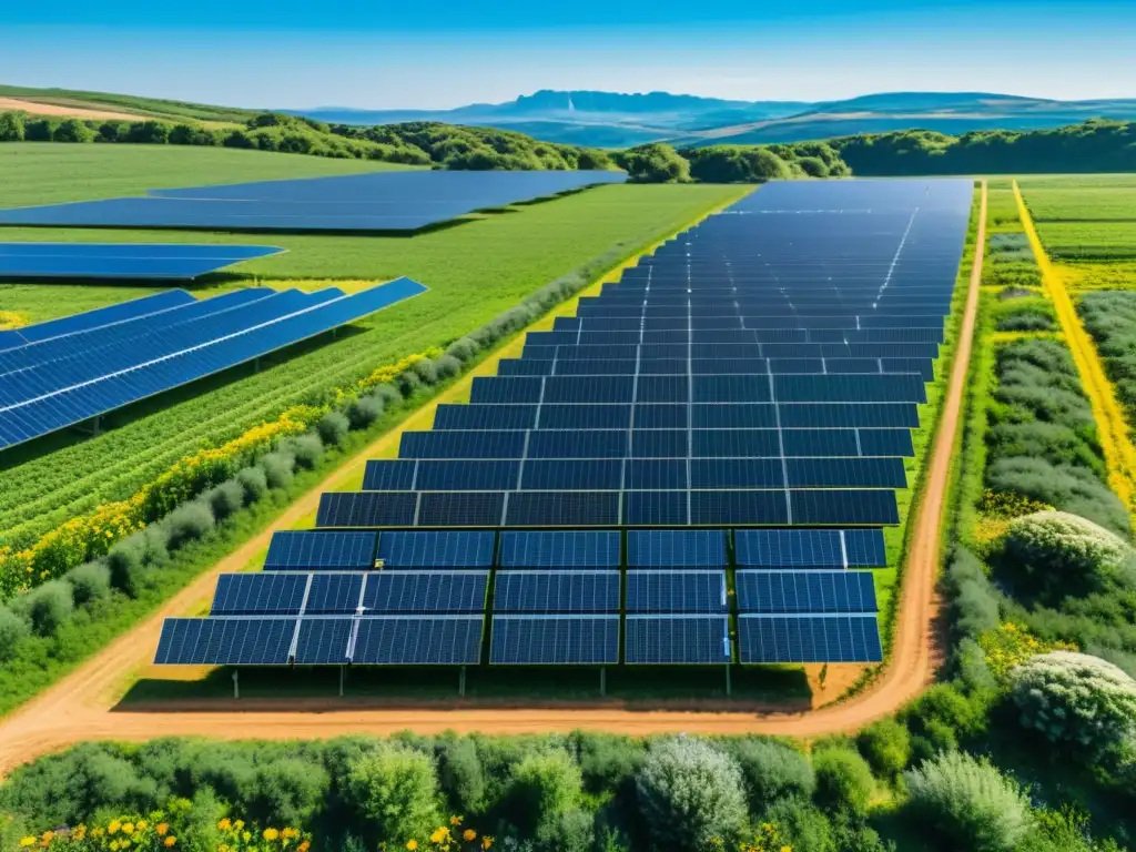 Vasta granja solar integrada en paisaje verde, con paneles bajo cielo azul