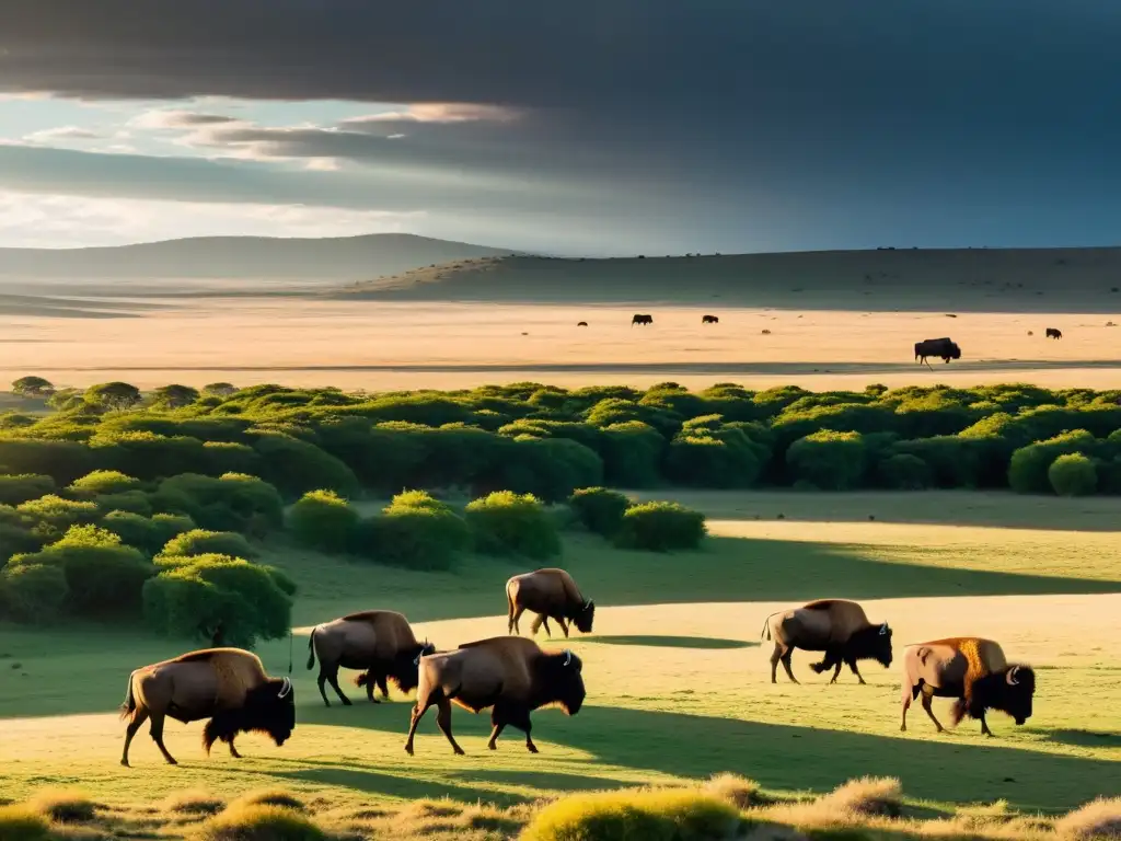 Vasta llanura del Parque Nacional de las Grandes Llanuras con bisontes, vida salvaje Norteamérica