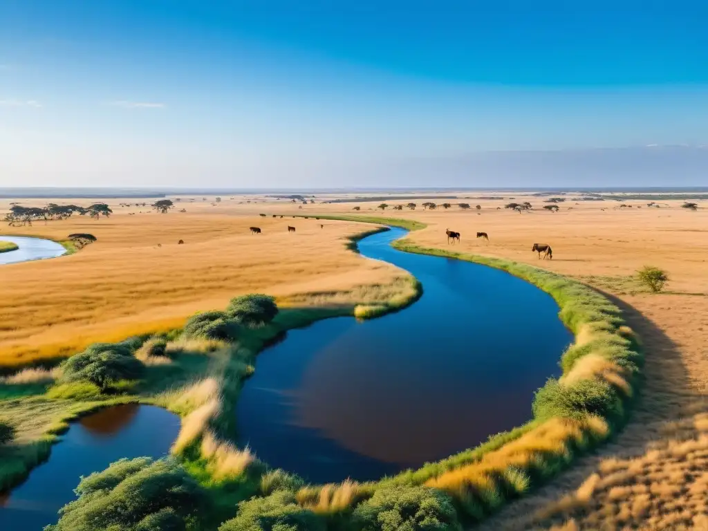 Vasta pradera de sabana, río serpenteante y vida silvestre, capturando la importancia de los recursos hídricos en las sabanas