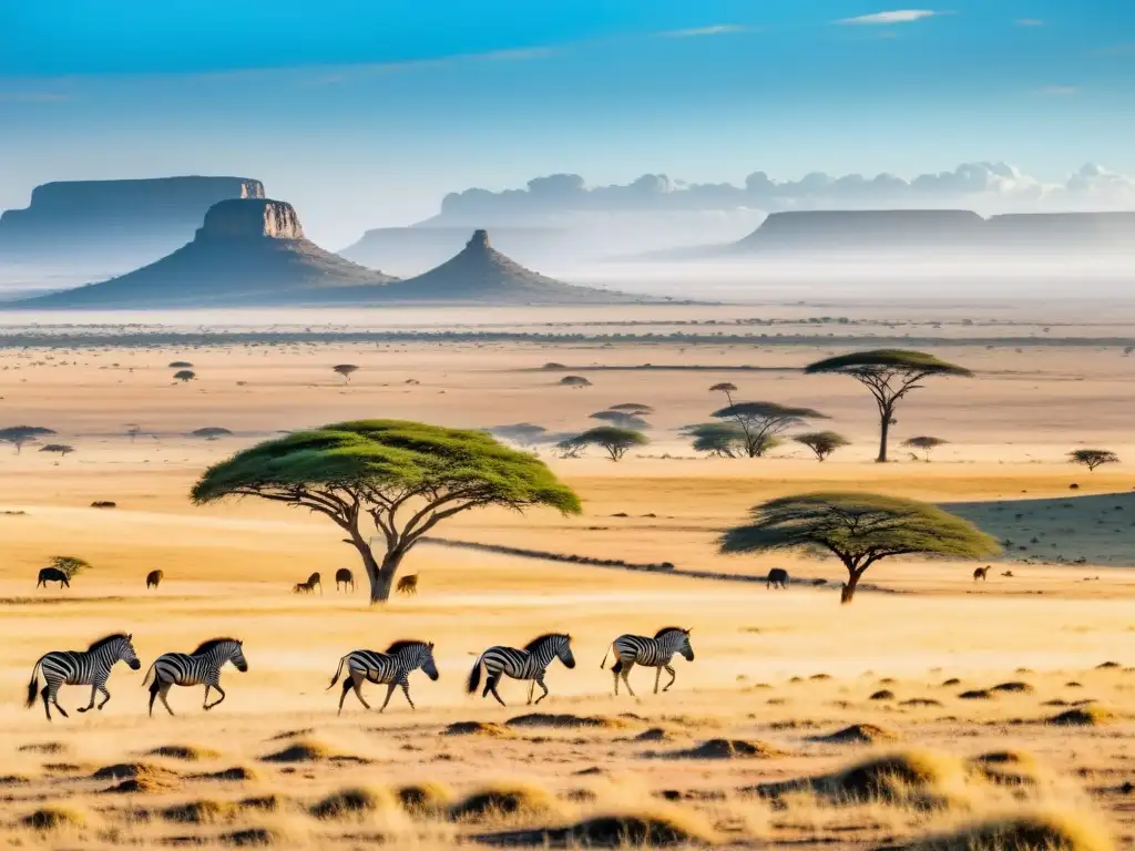 Vasta sabana africana con acacias, manadas de animales y elefantes