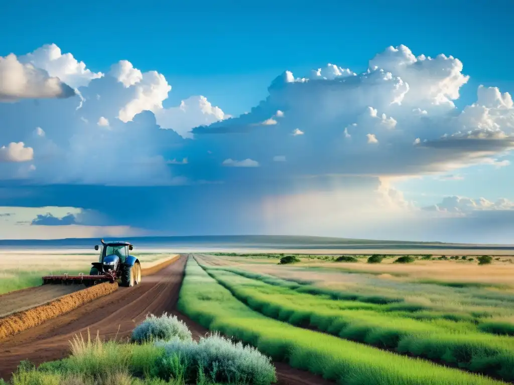 Vasta sabana con agricultores practicando la conservación de la fertilidad del suelo en sabanas, bajo un cielo azul brillante