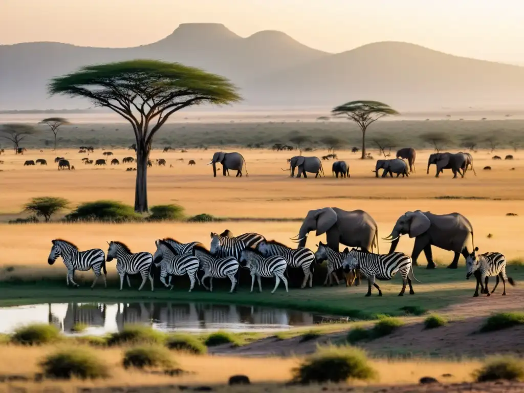 Vasta sabana con cebras y elefantes, bañados por la cálida luz del atardecer