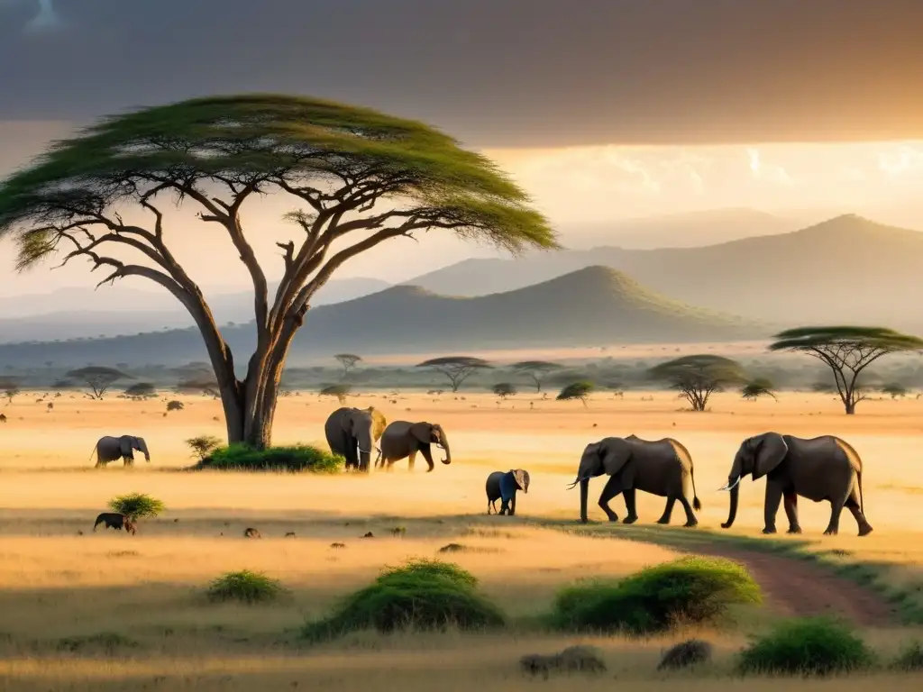 Una vasta sabana sostenible, con elefantes y leones, bañada por la cálida luz del atardecer