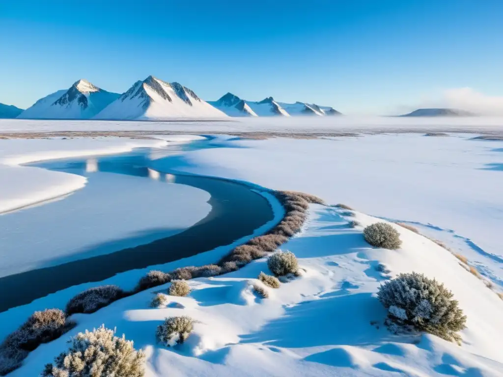 Vasta tundra cubierta de nieve con caribúes, plantas y cielo azul, captura la belleza y los efectos del deshielo en la tundra