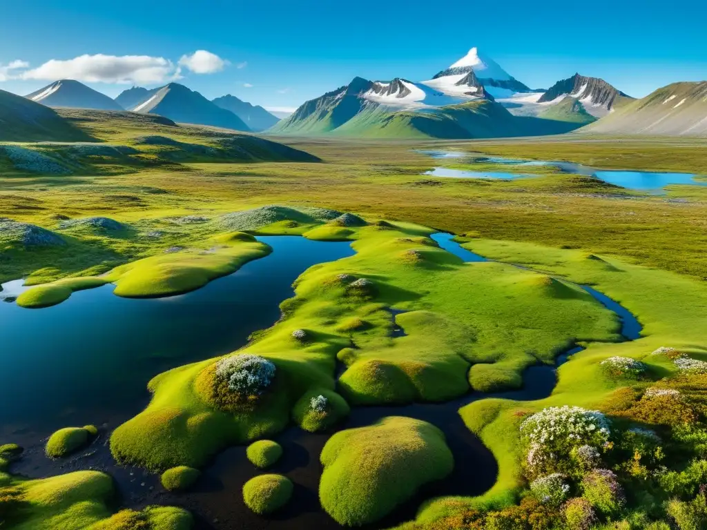 Vasta tundra con flora vibrante y montañas lejanas