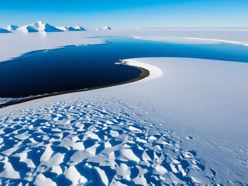 Una vasta tundra helada se extiende ante el espectador, con montañas nevadas a lo lejos y un cielo azul despejado