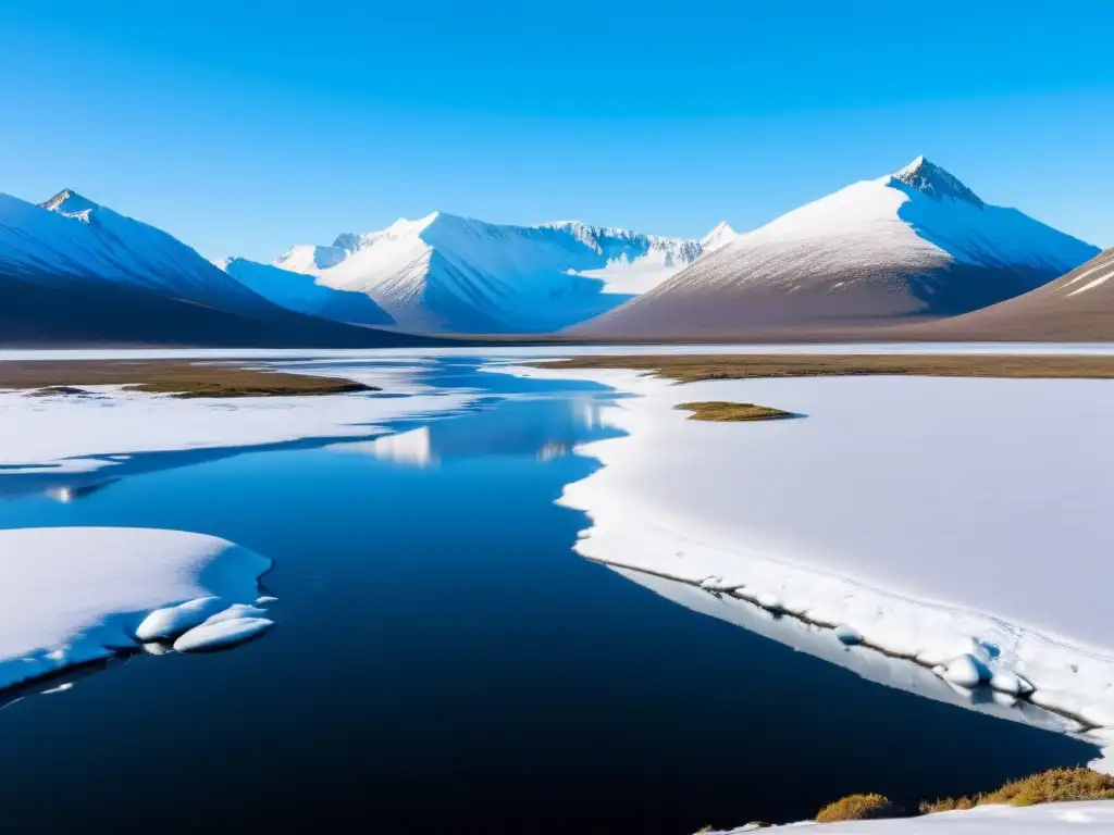 Vasta tundra helada con montañas nevadas a lo lejos, lagos congelados y vegetación cubierta de escarcha