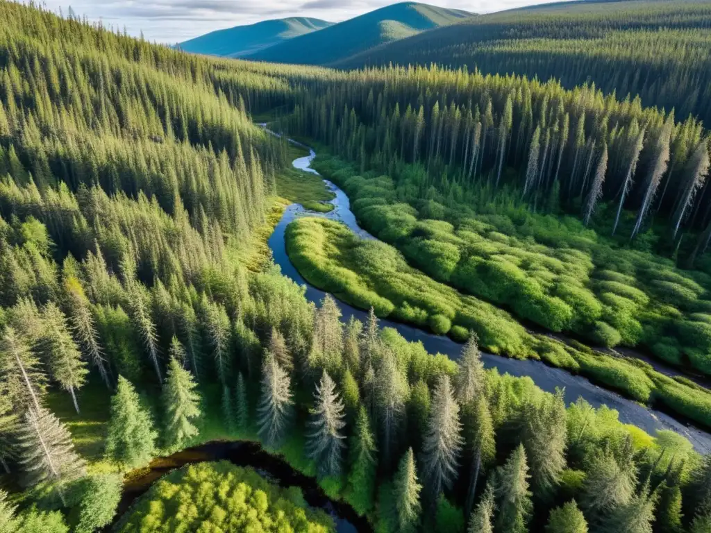 Un vasto bosque de la Taiga con árboles siempreverdes, musgo, y un arroyo serpenteante