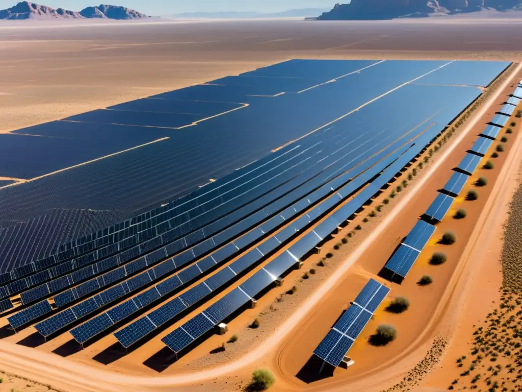 Un vasto campo solar en el desierto, con paneles relucientes y un técnico inspeccionando, muestra los desafíos en inversiones de energía renovable