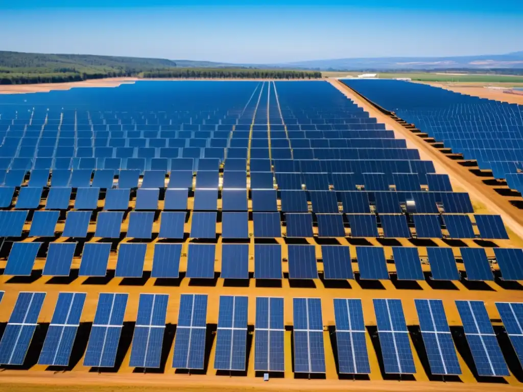 Un vasto campo solar con paneles fotovoltaicos relucientes bajo un cielo azul