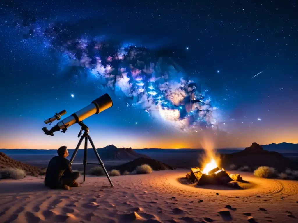 Bajo el vasto cielo estrellado del desierto, un principiante en observación de estrellas ajusta su telescopio junto a la cálida luz de la fogata