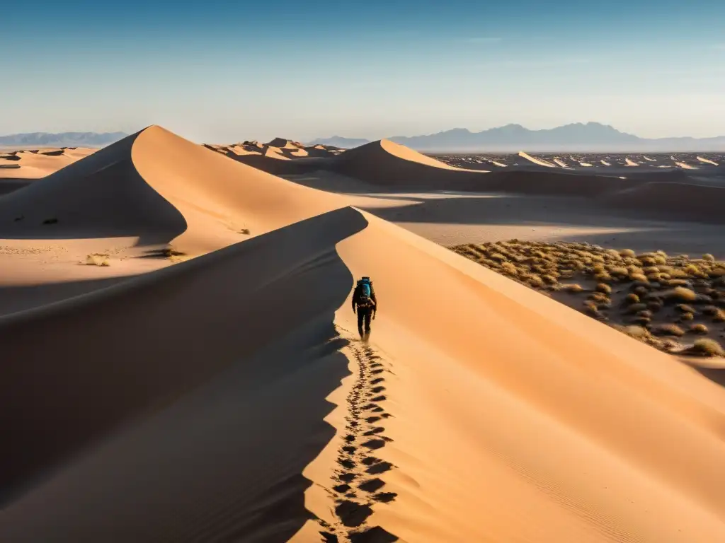 Un vasto desierto bajo cielos azules, dunas y rocas crean un panorama desolador