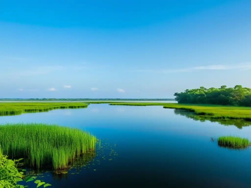 Un vasto humedal con diversa flora y fauna reflejando el cielo azul