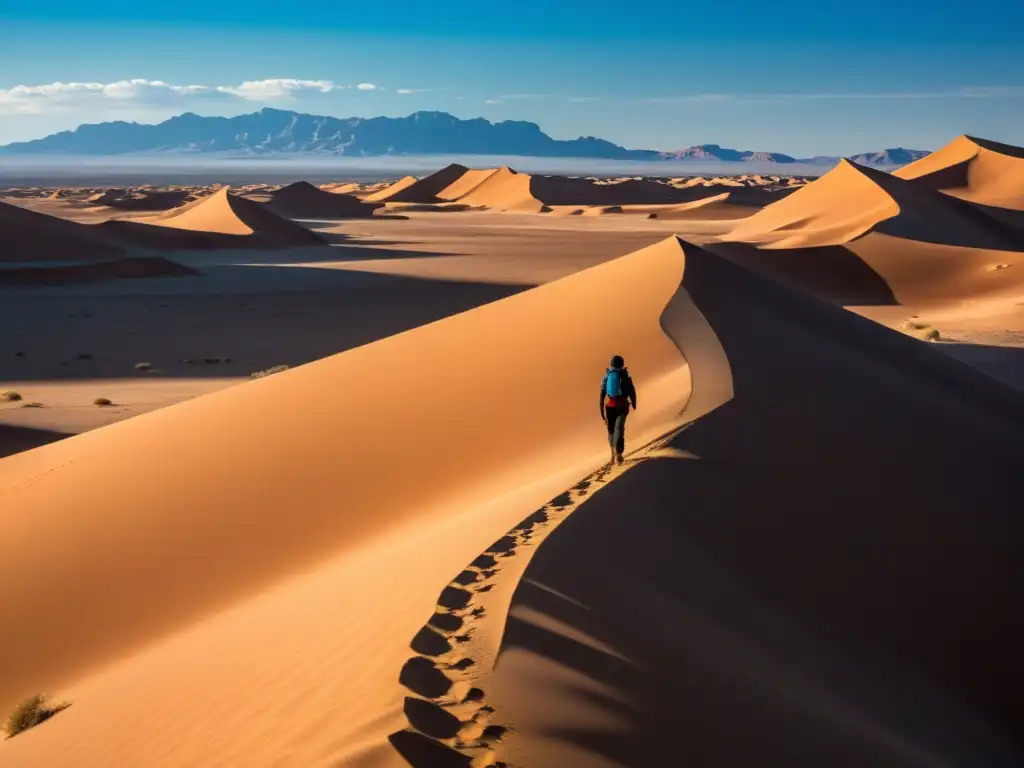 Un vasto paisaje desértico con dunas de arena y formaciones rocosas, donde una figura solitaria se destaca en la distancia