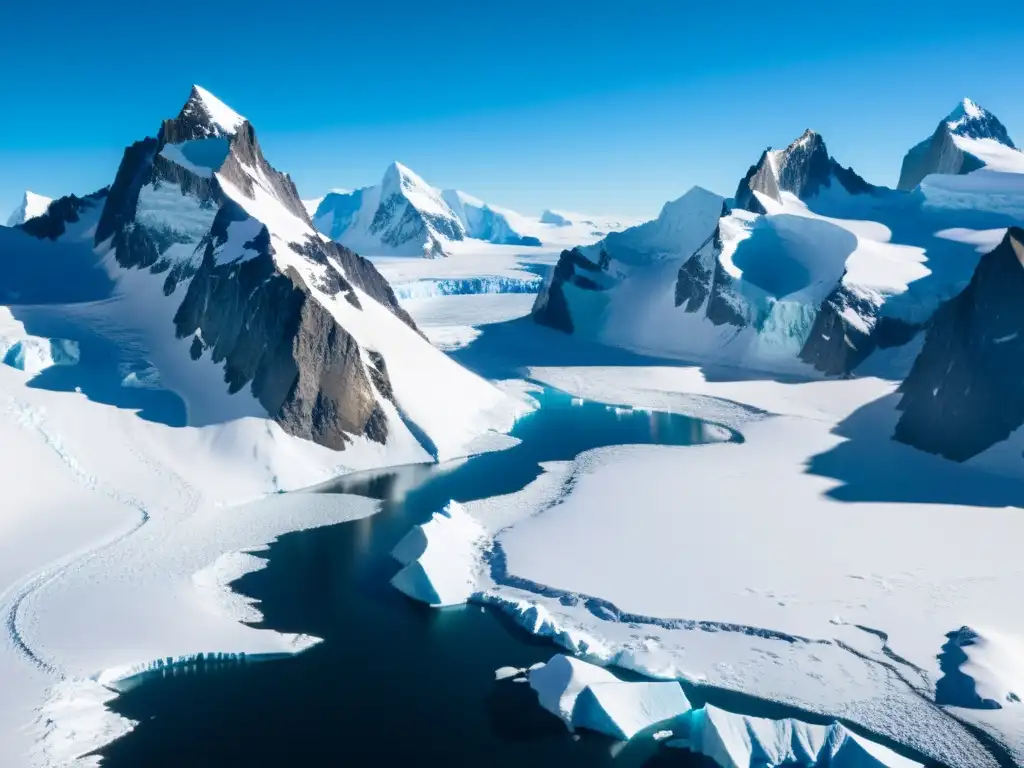 Vasto paisaje helado en la Antártida con montañas, glaciares y ecoturistas explorando