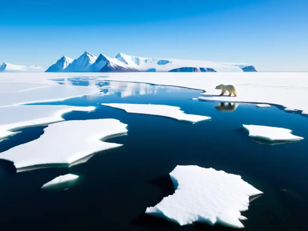 Vasto paisaje helado del Ártico con montañas, océano con hielo y oso polar