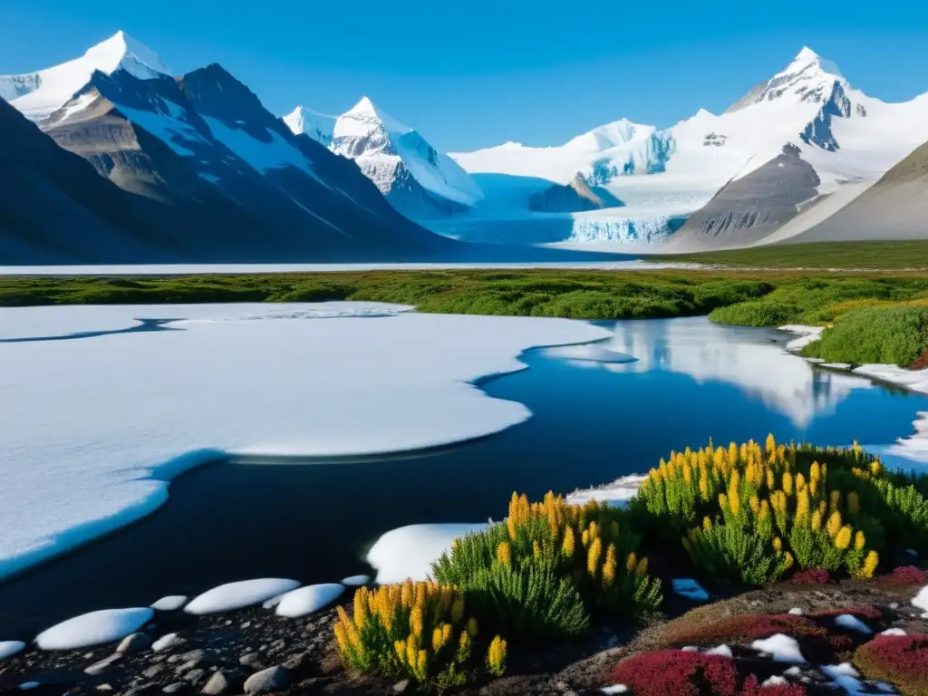 Vasto paisaje helado con plantas tundra asomando