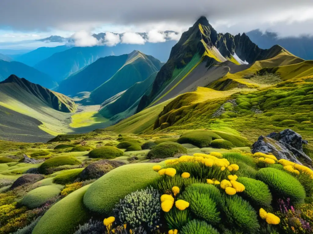 Un vasto paisaje de páramo con colinas cubiertas de musgos verdes y amarillos, salpicadas de coloridas flores silvestres