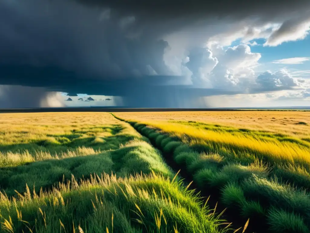 Vasto paisaje de pastizales dorados con nubes dramáticas