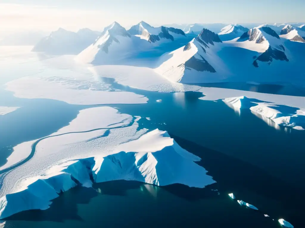 Vasto paisaje polar con glaciares, montañas nevadas y vida silvestre, mostrando la importancia del estudio del cambio global en ecosistemas polares