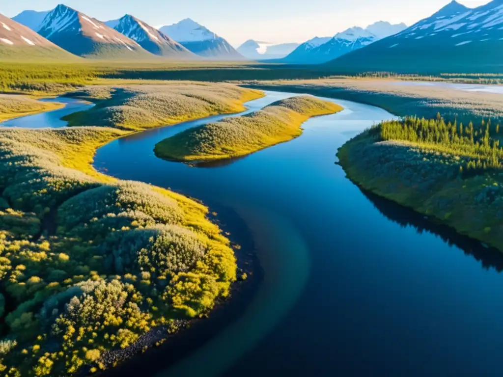 Vasto paisaje de tundra y taiga con ríos cristalinos y montañas nevadas