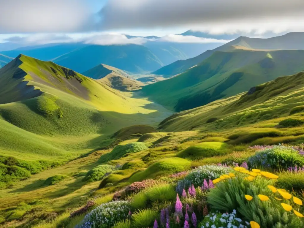 Un vasto páramo de alta montaña con colinas cubiertas de musgo verde vibrante y flores silvestres coloridas, rodeadas de montañas cubiertas de niebla