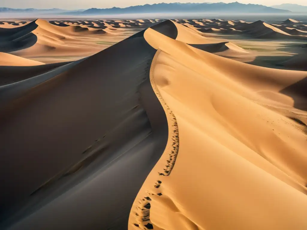 Vastos paisajes áridos del Desierto de Gobi, con dunas de arena y una caravana de camellos