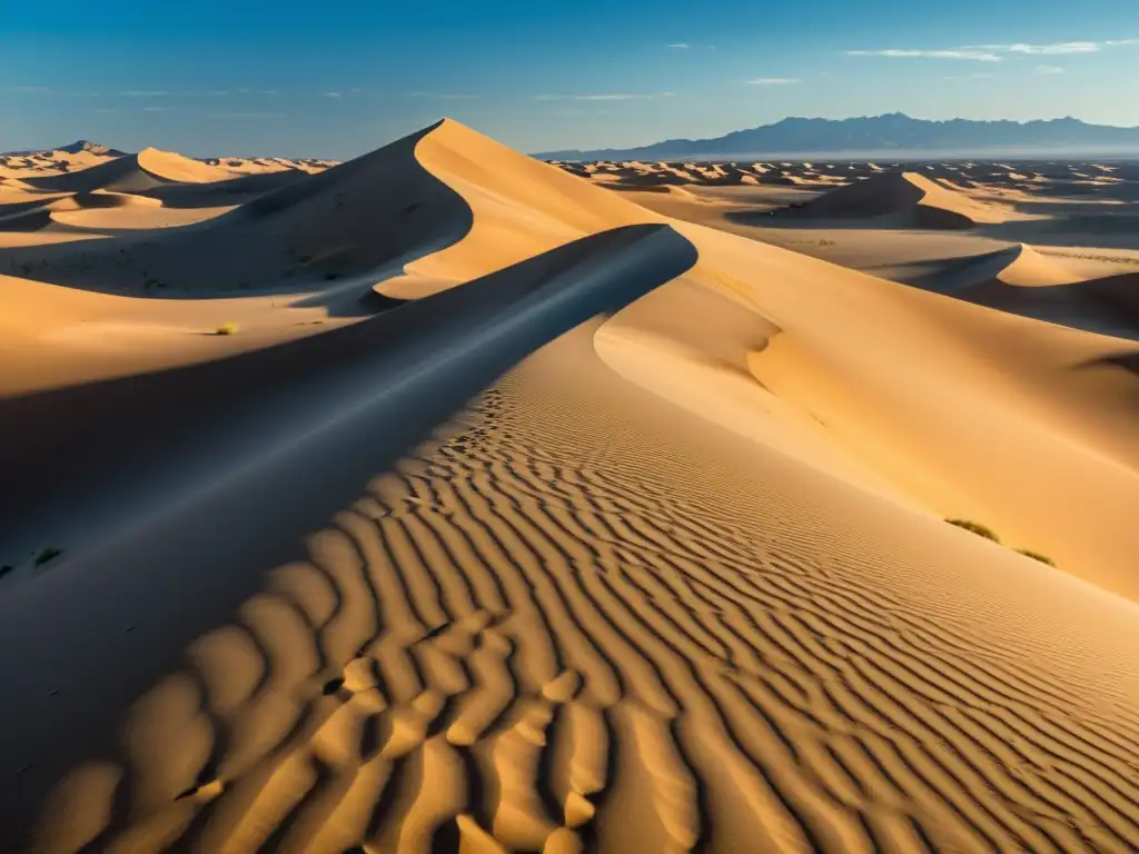 Vastos paisajes de dunas doradas bajo el cielo azul, evocando la belleza árida de los ecosistemas desérticos