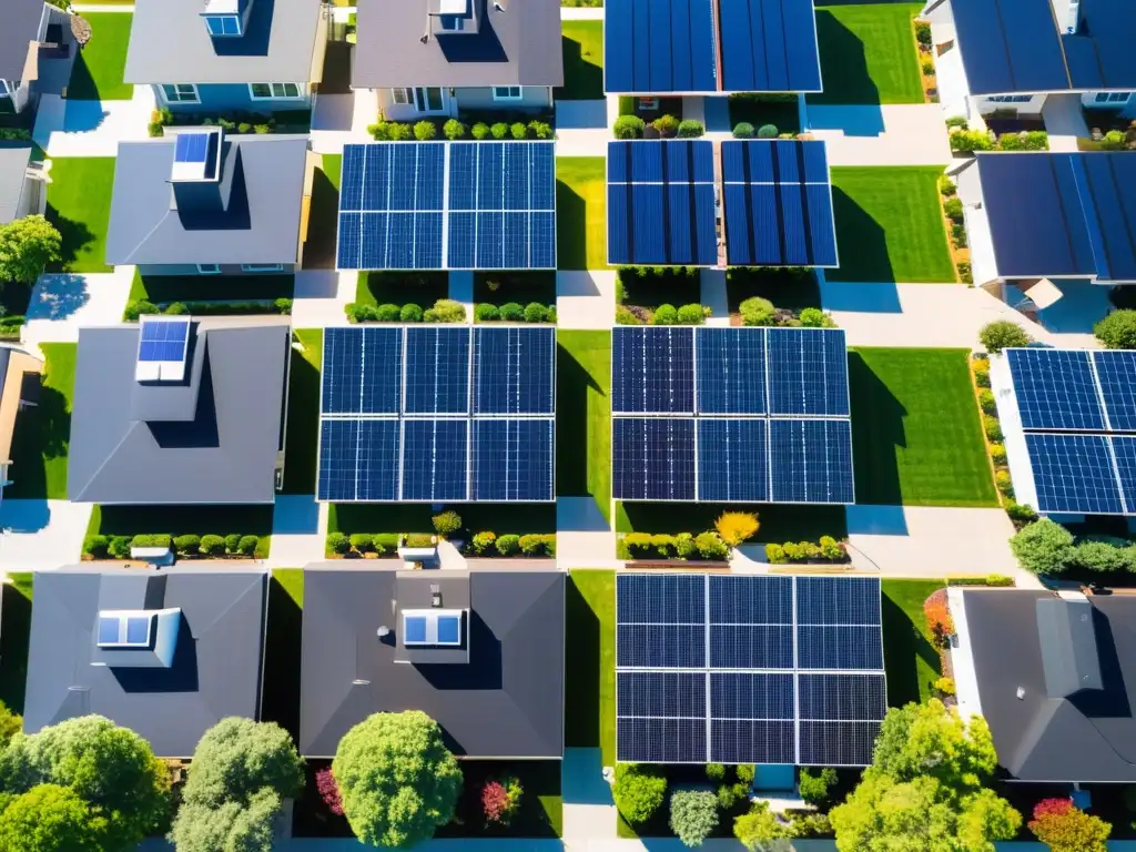 Vecindario solar: Integración de energía renovable en hogares modernos Un vecindario suburbano con casas equipadas con paneles solares