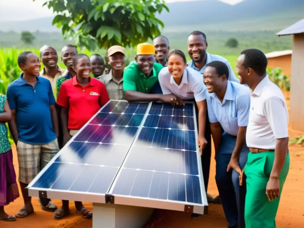 Vecinos de una comunidad se reúnen alrededor de un panel solar en un barrio vulnerable, mostrando esperanza y el impacto social de los Bonos Verdes