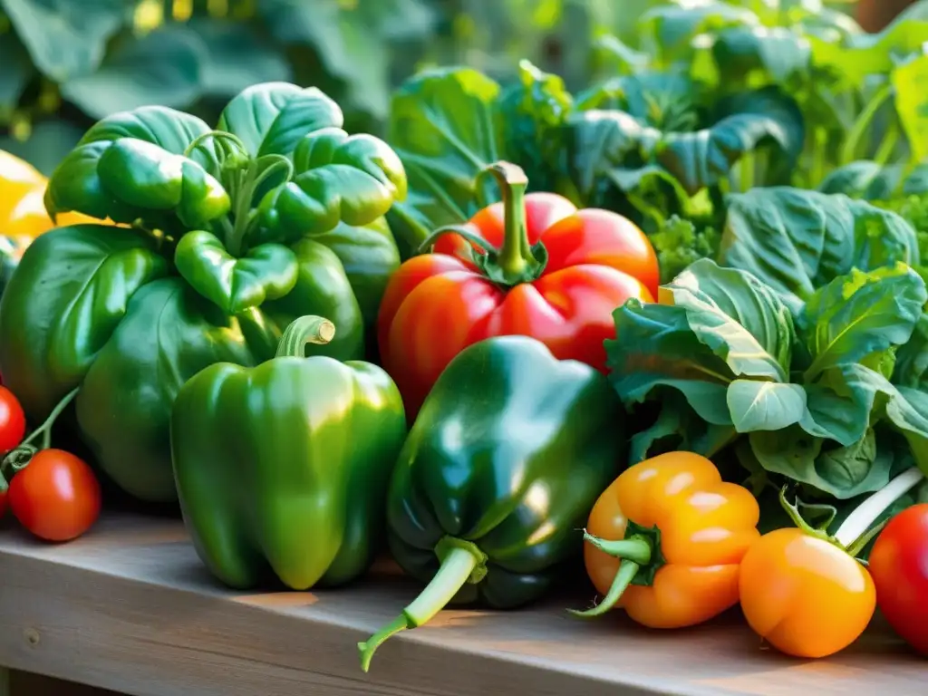 Un jardín de vegetales orgánicos recién cosechados, con tomates maduros, lechuga verde, pimientos y zanahorias