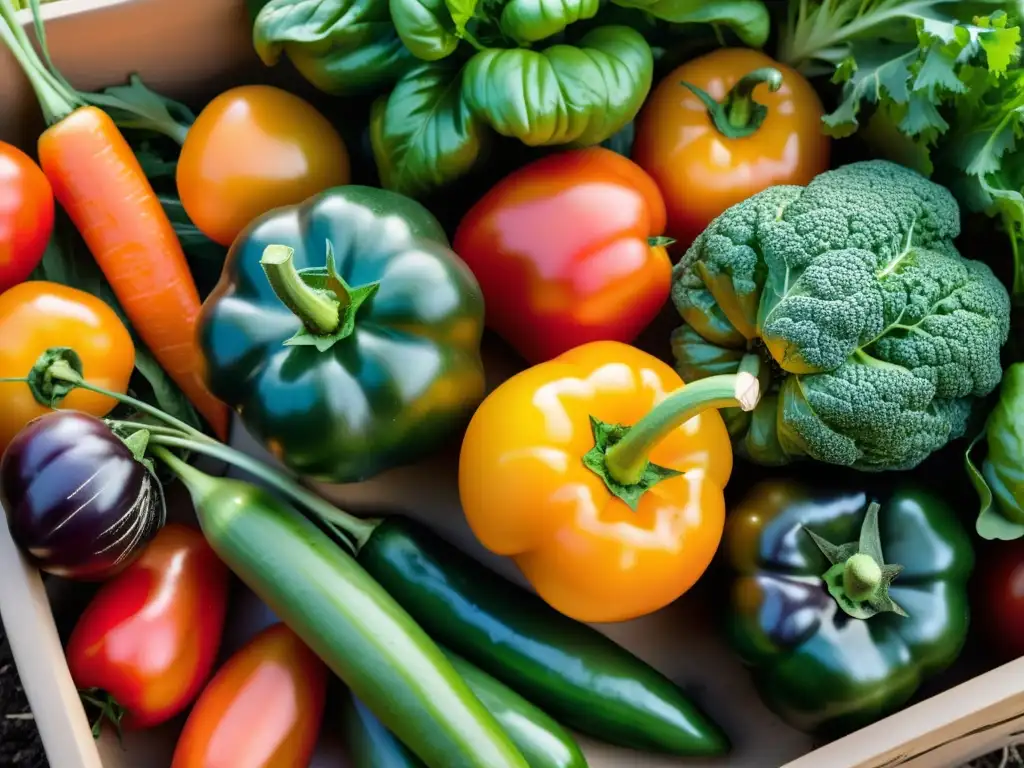 Un jardín de vegetales orgánicos recién cosechados, con tomates, verduras, pimientos y zanahorias