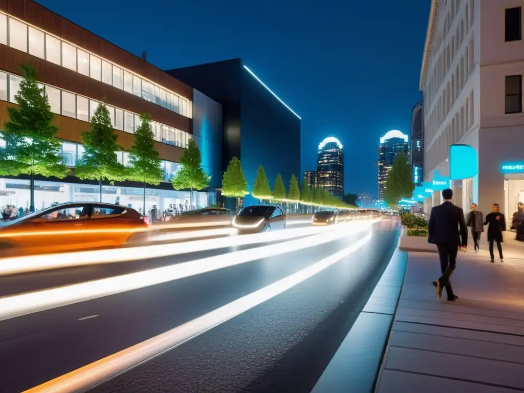 Vehículos eléctricos iluminan la bulliciosa calle urbana de noche, reflejando un futuro sostenible