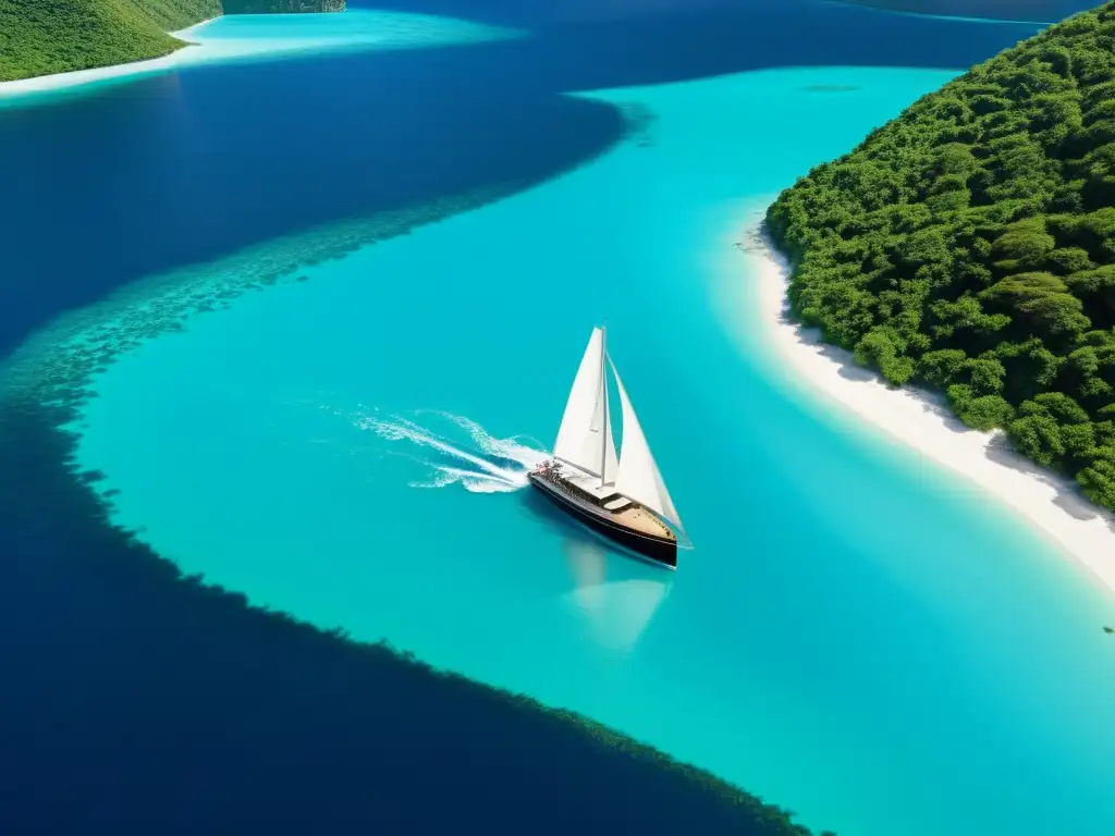 Un velero moderno navega en aguas turquesas y montañas verdes, con instrumentos de navegación sostenibles