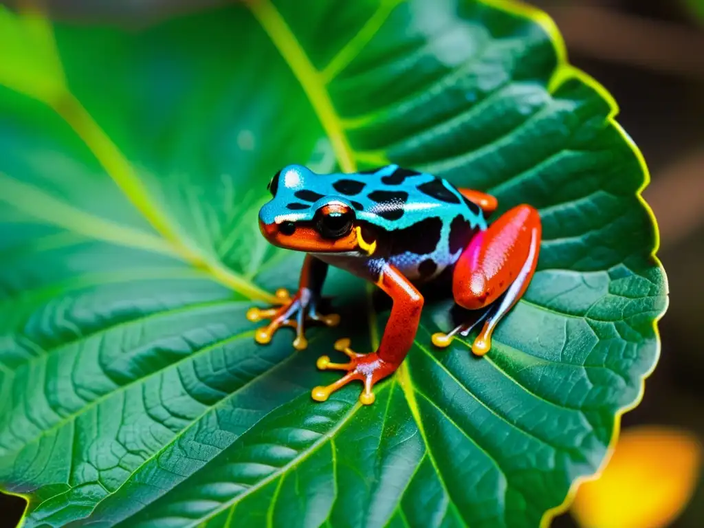 Un venenoso y colorido sapo venenoso posado en una hoja verde vibrante en la densa selva del Amazonas