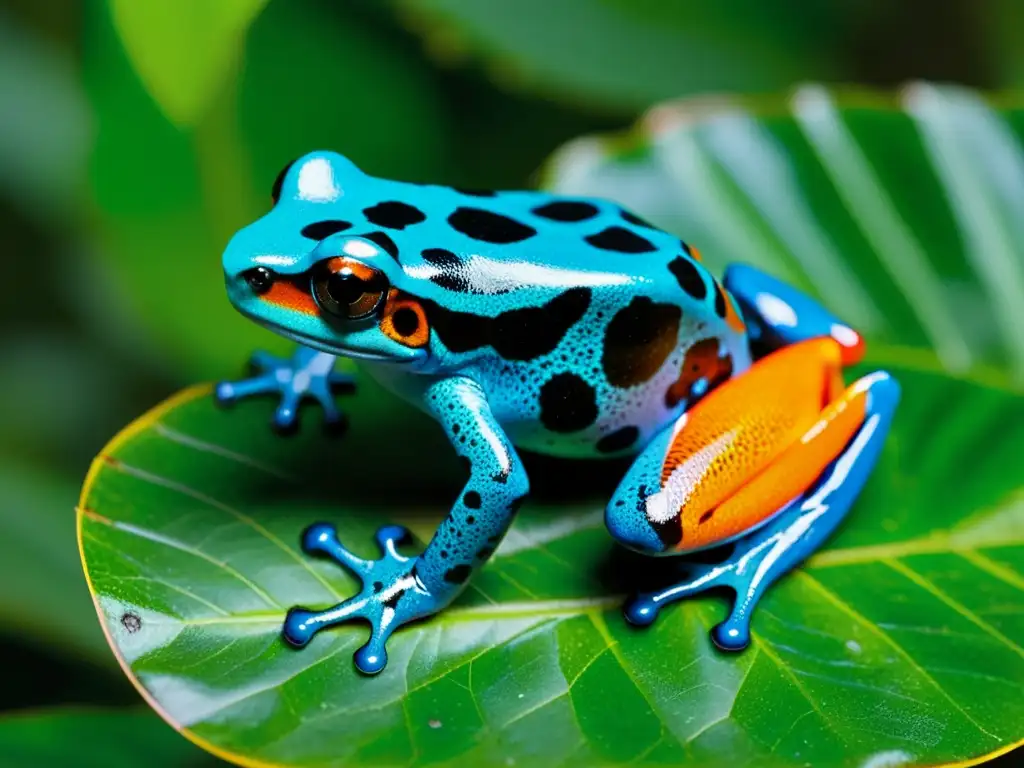 Un venenoso y vibrante, intrincado dendrobatidae en una hoja verde en un bosque tropical