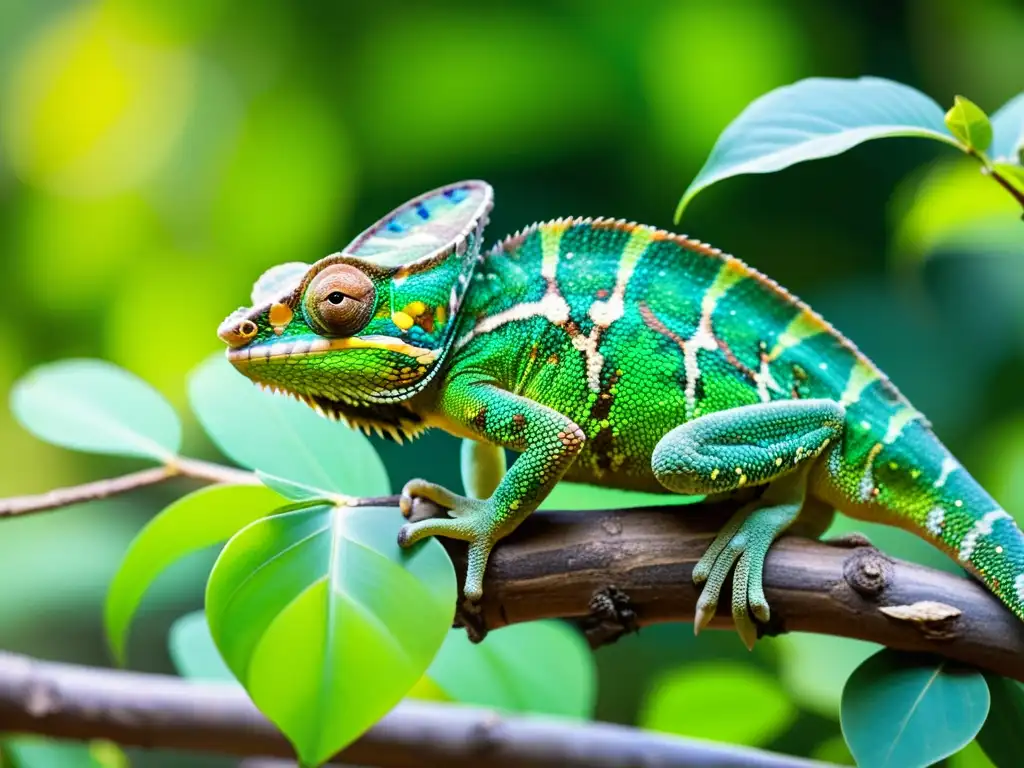 Un camaleón verde brillante se funde en la exuberante vegetación de un bosque mediterráneo