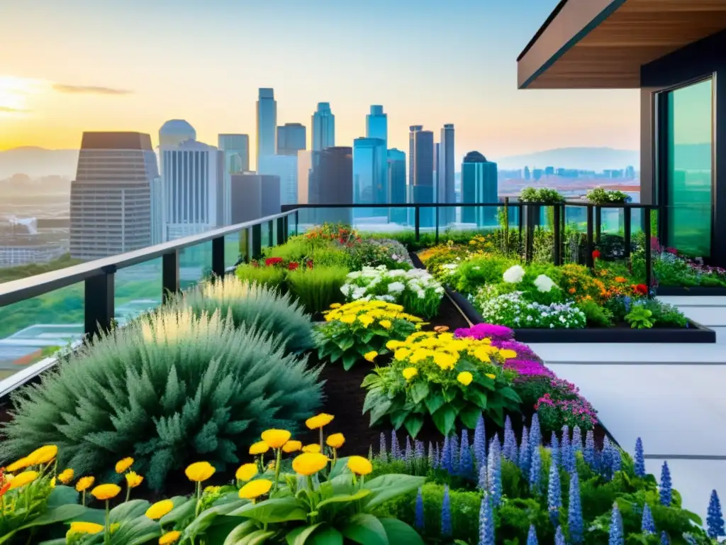 Un jardín verde exuberante en la azotea, con flores y plantas vibrantes, contrastando con el horizonte urbano